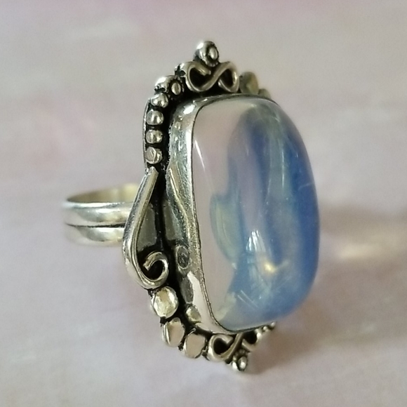 Hand Crafted Milky Opal .925 Sterling Silver Statement Ring SZ 8 3/4 - Picture 15 of 16